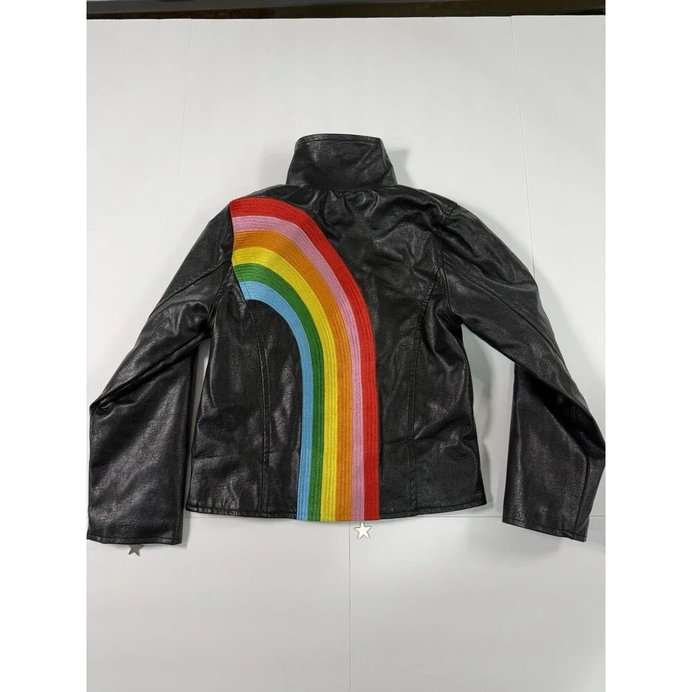 Lola + The Boys Girls Faux Leather Moto Jacket Size 8 Black Rainbow